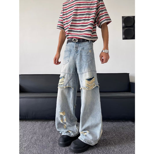 Washed Ripped Denim Loose Straight Leg Wide Leg Pants