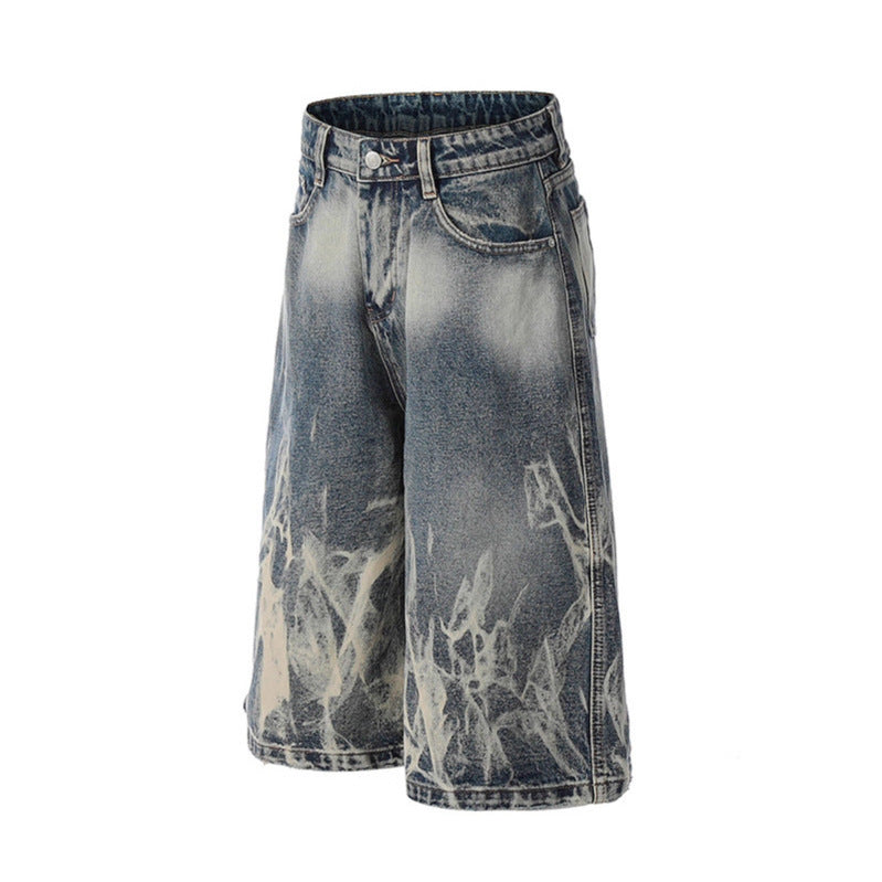 Lightning Patterned Denim Seven Quarter Shorts for Modern Street Style