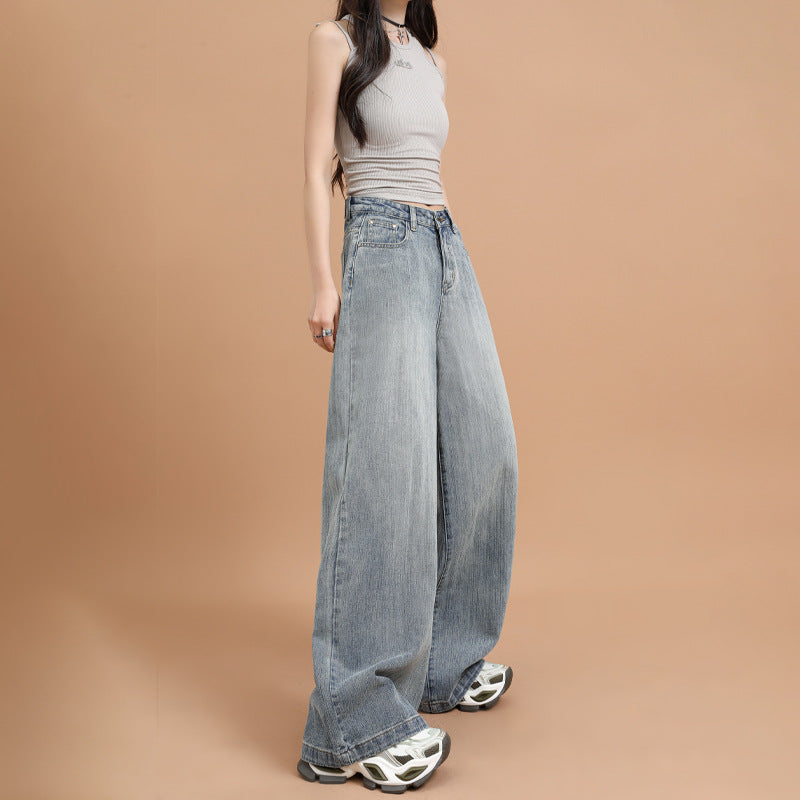 Bamboo Knot Pattern Loose Wide Leg Denim Pants for Women – Retro Straight Trousers