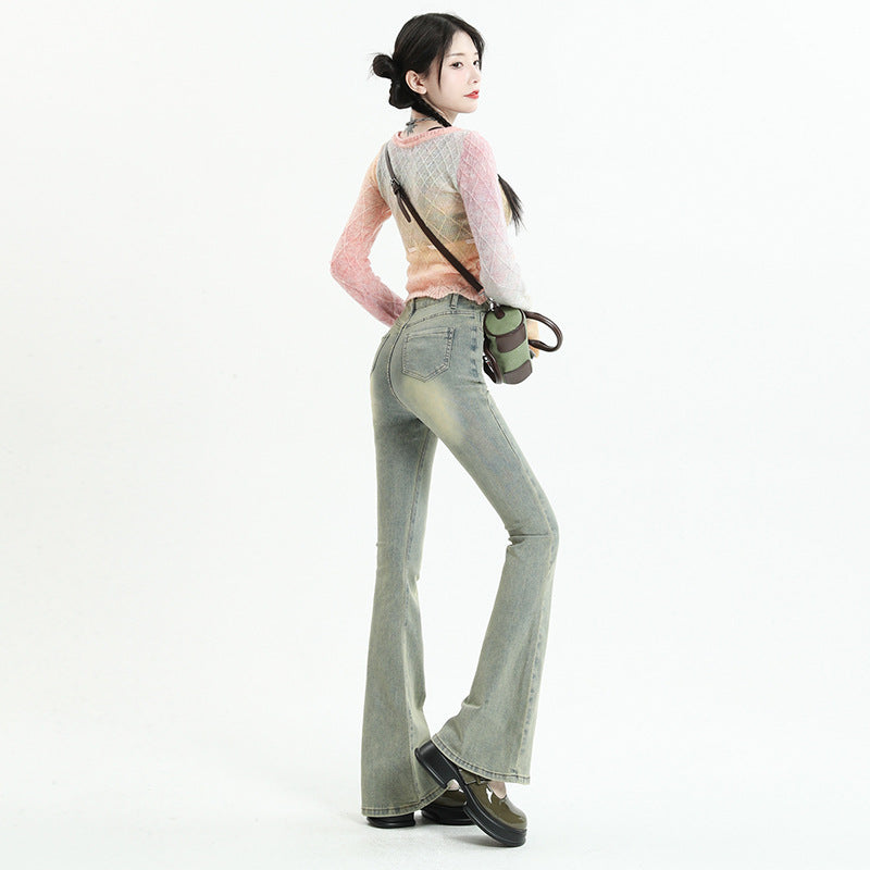 Flared Denim Pants for Women - Mud Yellow Color - High Waist & Elastic