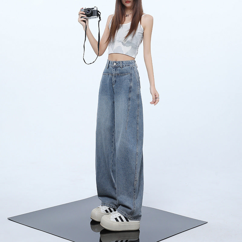Retro Blue High-Waisted Flared Denim Pants for Women - Summer Loose Fit