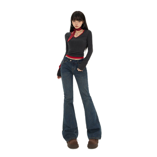 Retro Spicy Girl Flared Jeans - Women’s Low Waist Slim Fit Elastic Trousers