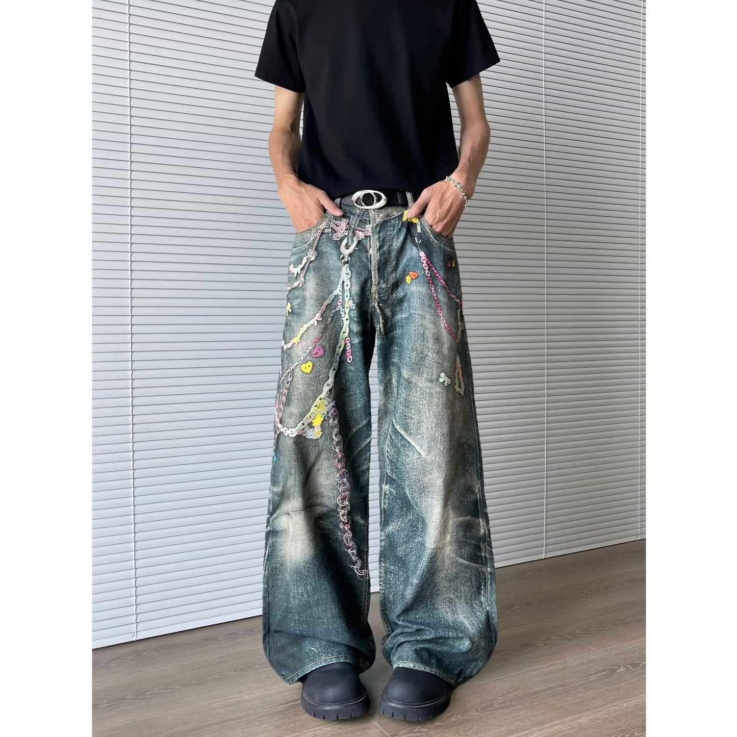 Retro Chain Printed Denim Wide Leg Pants for Men