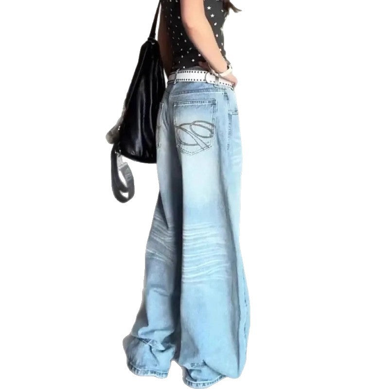 Sweet Cool Embroidered Denim Pants for Women - Loose Wide-Leg Design