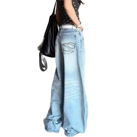 Sweet Cool Embroidered Denim Pants for Women - Loose Wide-Leg Design