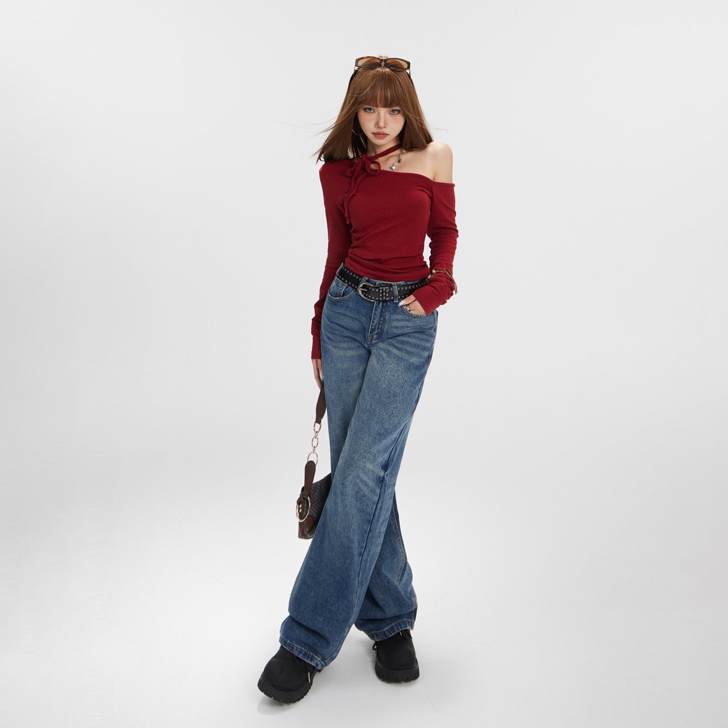 Washed Straight Leg Jeans for Women with Textured Design