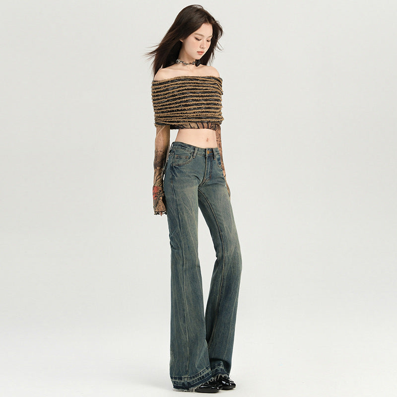 Women's Design Low Waist Flared Jeans - Versatile Floor-Length Pants