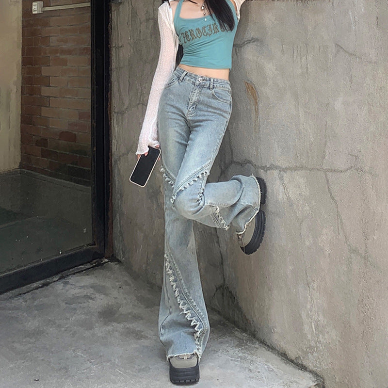 Design Sense High-Waist Frayed Hem Flare Jeans for Women - Slim Fit Versatile Denim Pants