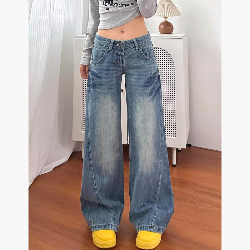 Neutral Personality Sweet Cool Washed Flared Low Waist Denim Pants for Women