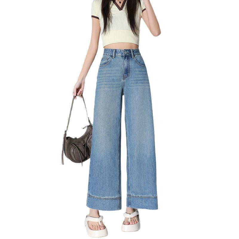 Light Blue Casual Wide-Leg Jeans for Women - High-Waist Slimming Nine-Point Straight Leg Pants