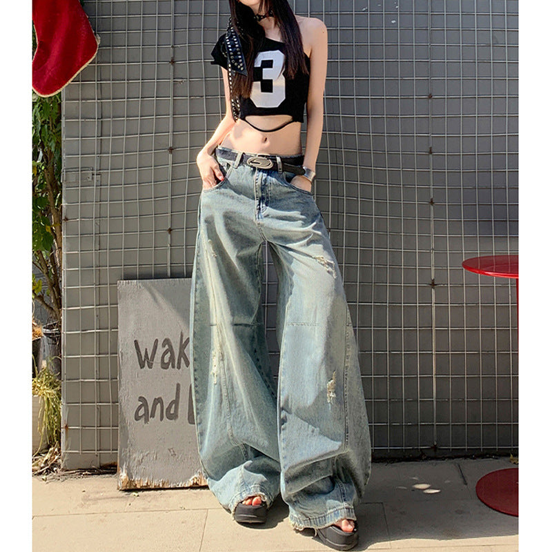 Unique Street Style Scythe Denim Pants for Women - Slimming Distressed Wide-Leg Trousers