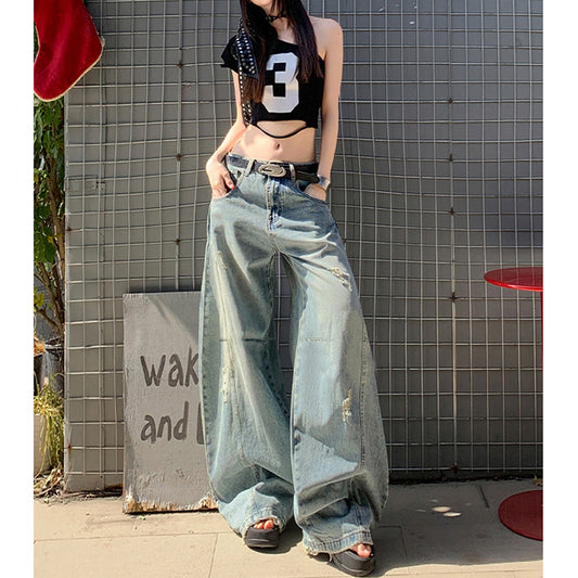 Unique Street Style Scythe Denim Pants for Women - Slimming Distressed Wide-Leg Trousers