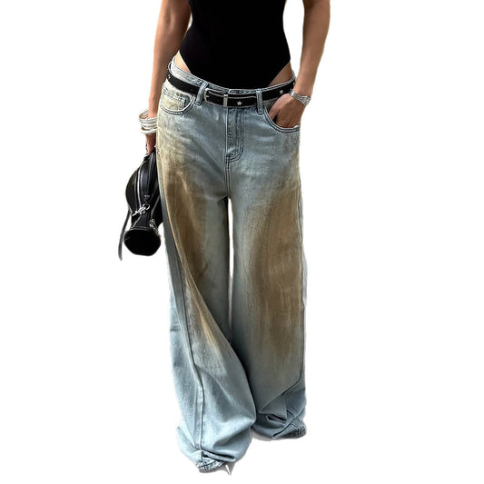 High Street Retro Distressed Denim Pants - Casual Loose Fit for Spicy Girls