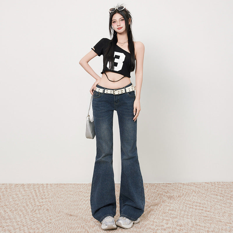 Women's Gray Low Waist Slim Trumpet Pants - Premium Japanese Denim