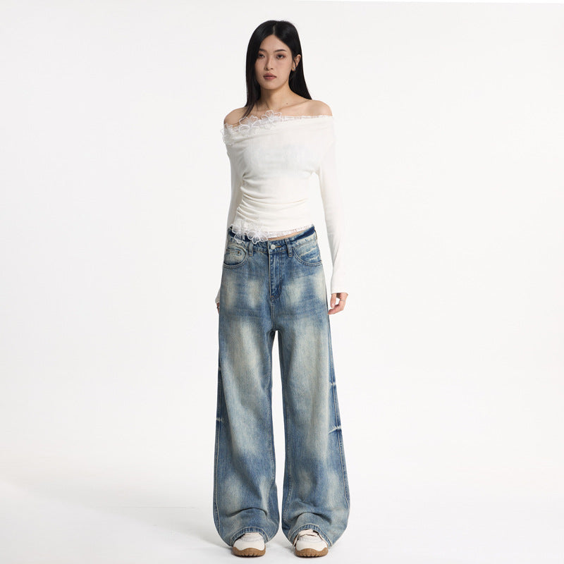 Washed Blue Bamboo Texture Flared Denim Pants - Unisex Commuter Wide Leg