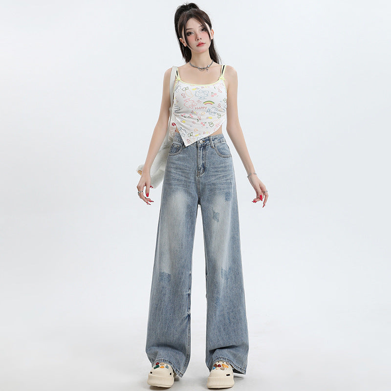 Women's Washed High-Waist Wide-Leg Jeans - Summer Loose Slimming Drape Trousers