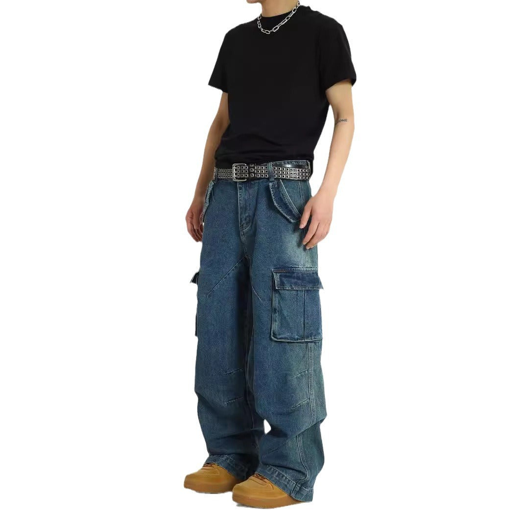American Retro Multi Pocket Heavy-Duty Jeans for Men - Washed Street Hip-Hop Work Pants