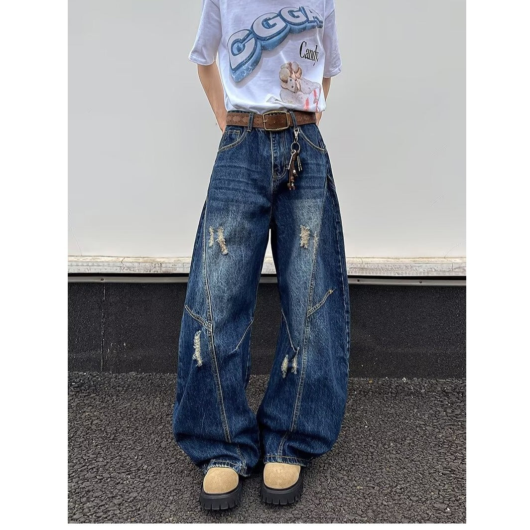 Deep Blue Wide Leg Ripped Denim Micro Flared Knife Pants