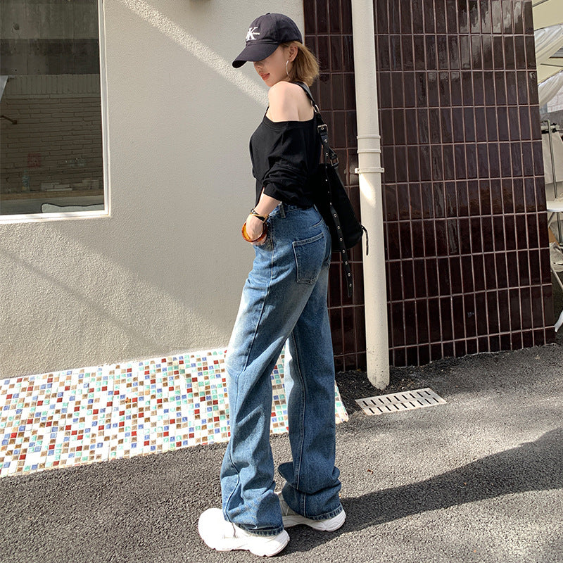 Straight Jeans for Women - Loose Slimming Washed Wide Leg Floor-Length Pants