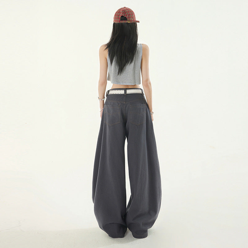Women's Deep Gray Loose Wide-Leg Work Pants with Splicing and Knife-Edge Design