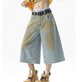 Vintage Seven Quarter Denim Loose Straight Shorts - Wasteland Blue