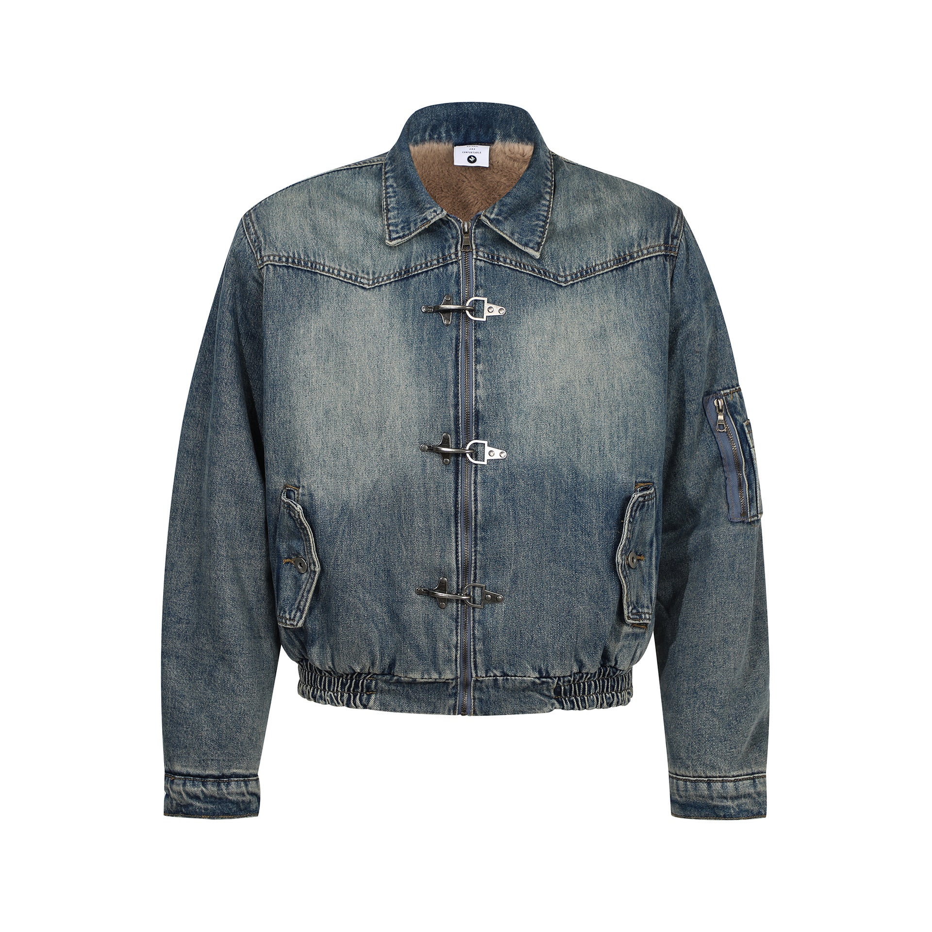 Vintage Winter Fashion Metal Snap Design Fleece Lined Thick Warm Men's Cotton Coat Denim Jacket