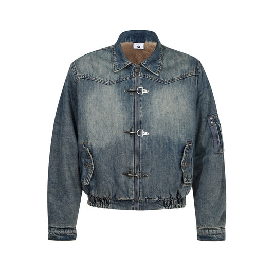 Vintage Winter Fashion Metal Snap Design Fleece Lined Thick Warm Men's Cotton Coat Denim Jacket