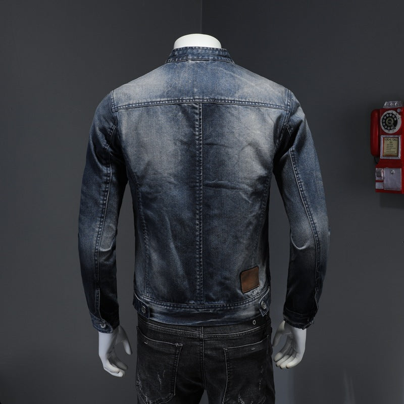 Men's Casual Zipper Washed Denim Jacket - Stand Collar for Autumn and Spring