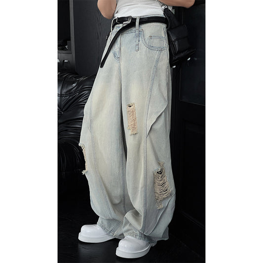Washed Ripped Denim Curved Knife Hanging Loose Wide Leg Pants