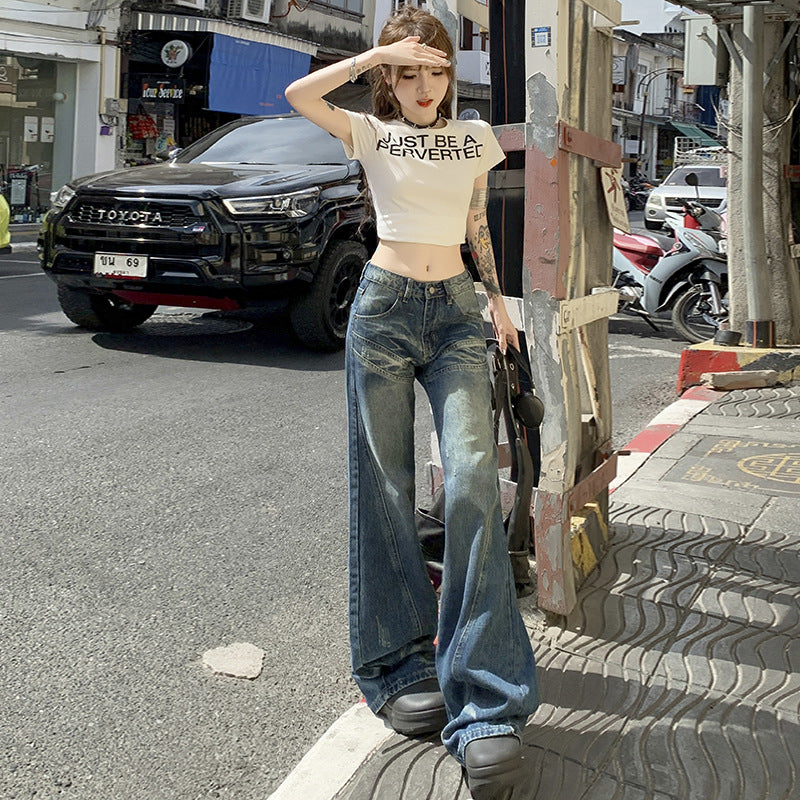 Women's Loose Denim Pants - Low Waist Straight Wide Leg Trousers