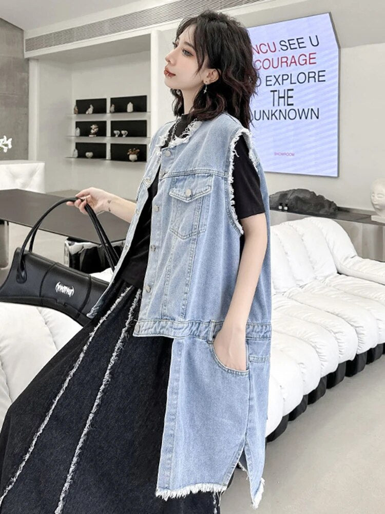 Women’s Loose Fit Blue Denim Irregular Burr Big Size Vest - O-Collar Sleeveless