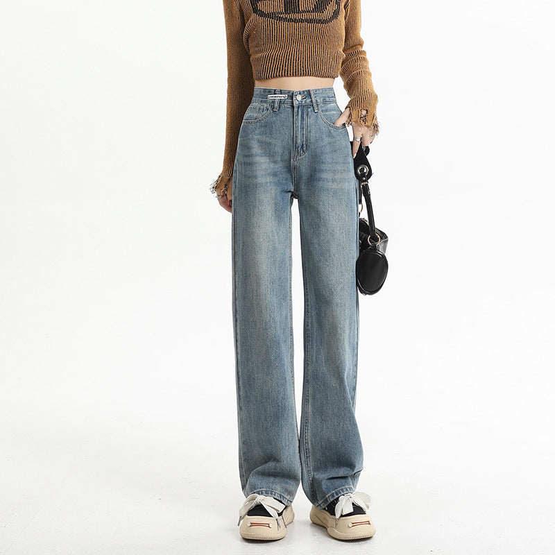 Women's High-Waist Washed Vintage Cement Grey Straight Pants