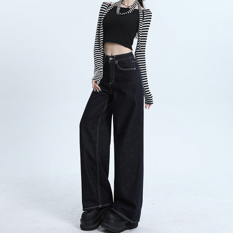 Women's Deep Blue Wide-Leg Slimming Jeans High-Waisted Loose Straight Pants