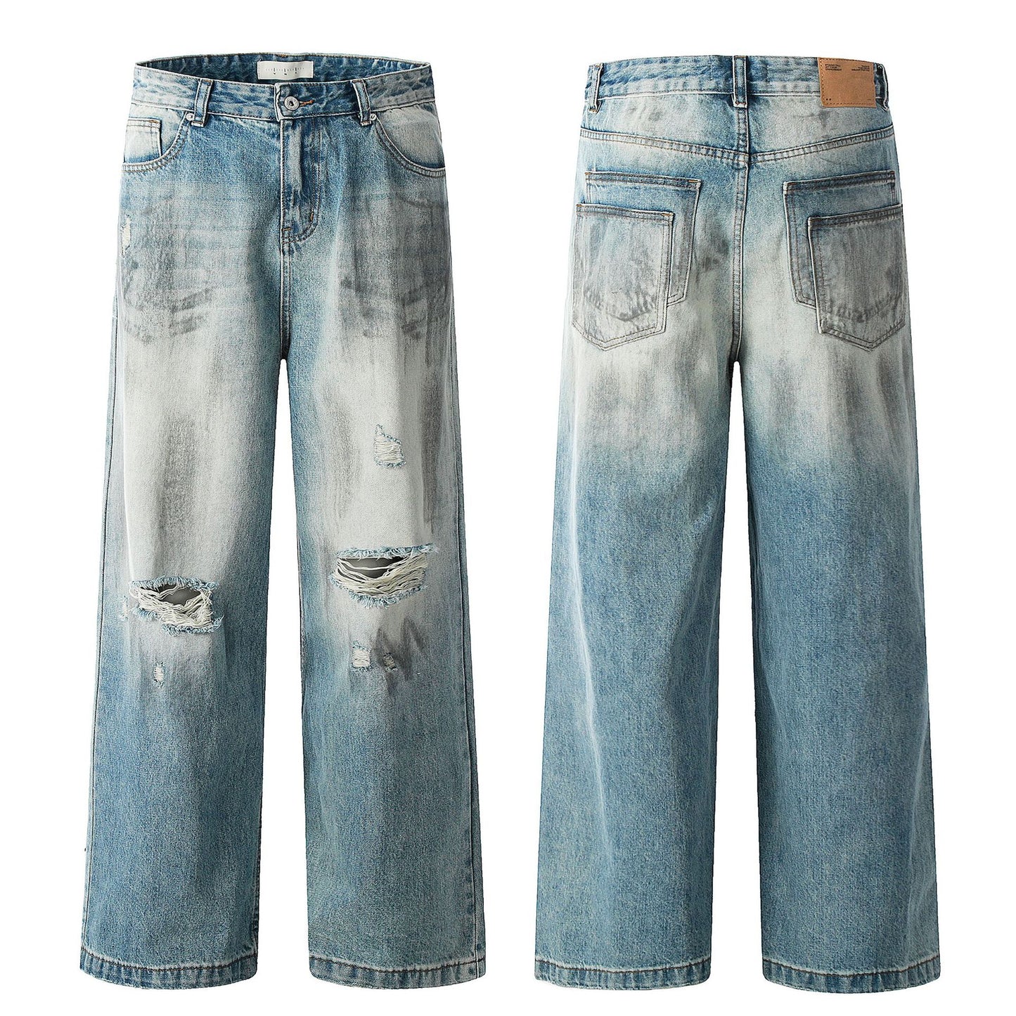 Faded Distressed Denim Pants for Men and Women | Streetwear Straight Loose Slim Fit