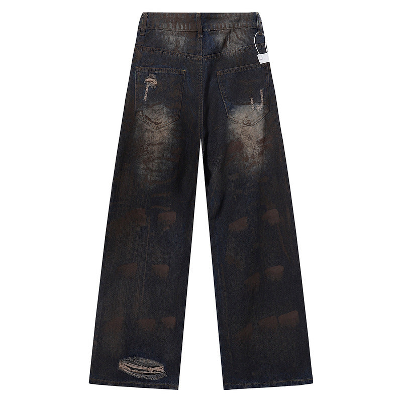 Washed Mud-Dyed Ripped Jeans - Men's Loose Wide-Leg Pants
