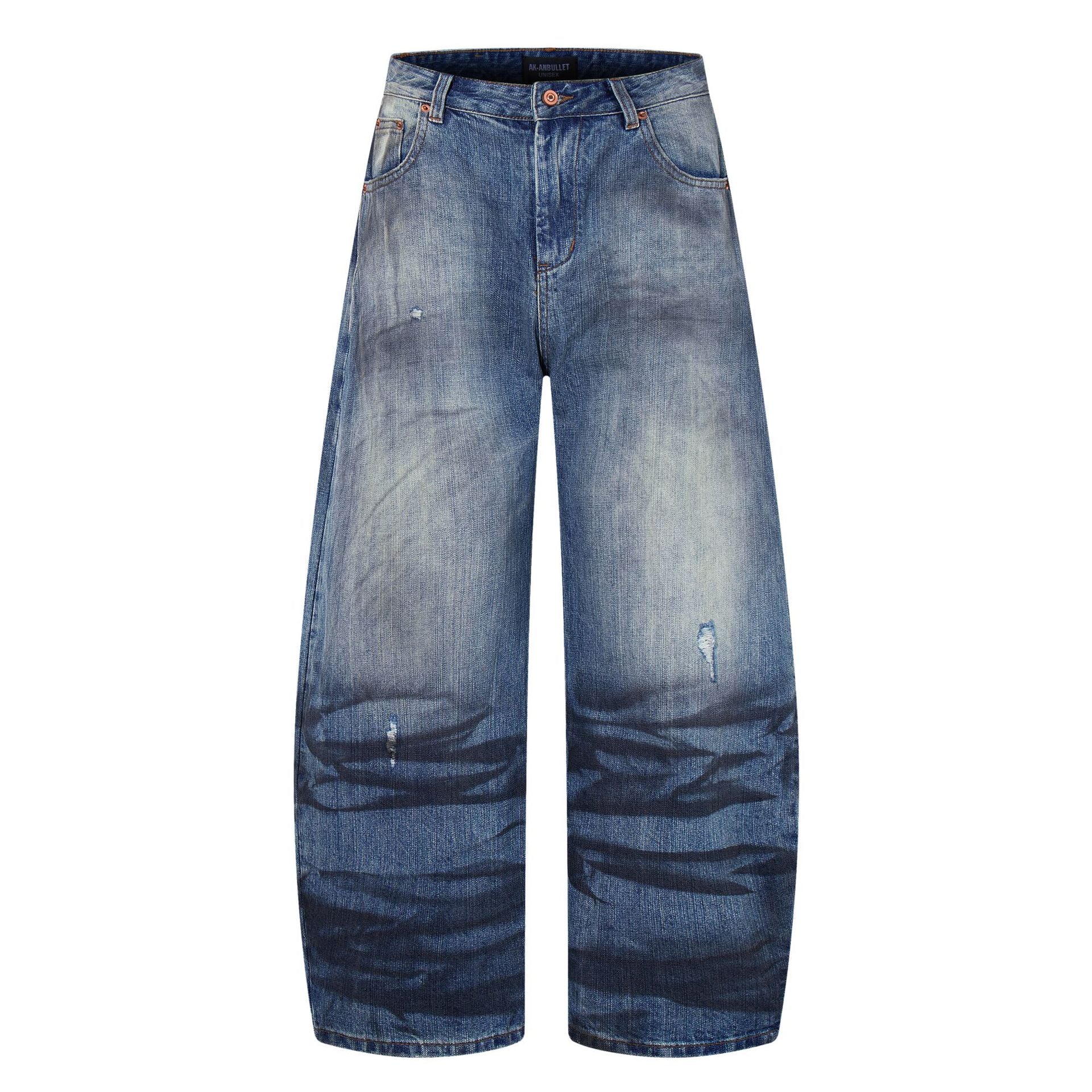Wash Dirty Dyed Denim Curved Knife Wide Leg Pants