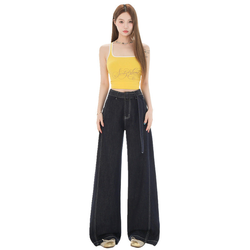 Women's Denim Blue High-Waisted Wide-Leg Knife-Edge Pants