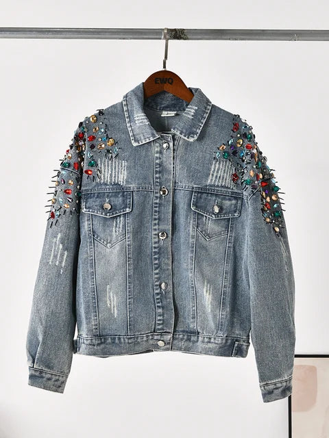 Long Sleeve Colorful Rivet Denim Jacket - Vintage Autumn Outwear