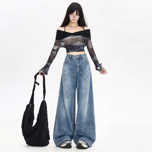 Women's Loose Fit Distressed Graffiti Wide-Leg Denim Pants