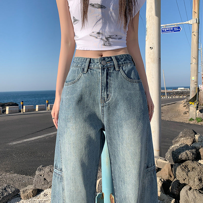 Women’s High-Drop Crotch Wide-Leg Workwear Denim Pants