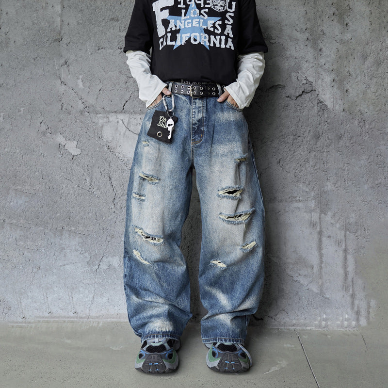 Vintage Personality Design Ripped Streetwear Loose Fit Jeans for Men
