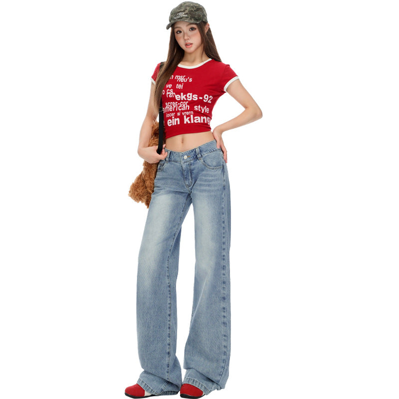Women's Low Waist Straight Trumpet Jeans - Loose Drape Flare Pants