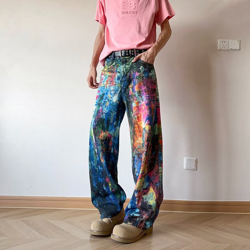 Washed Ink Splashed Oil Painting Color Palette Denim Pants