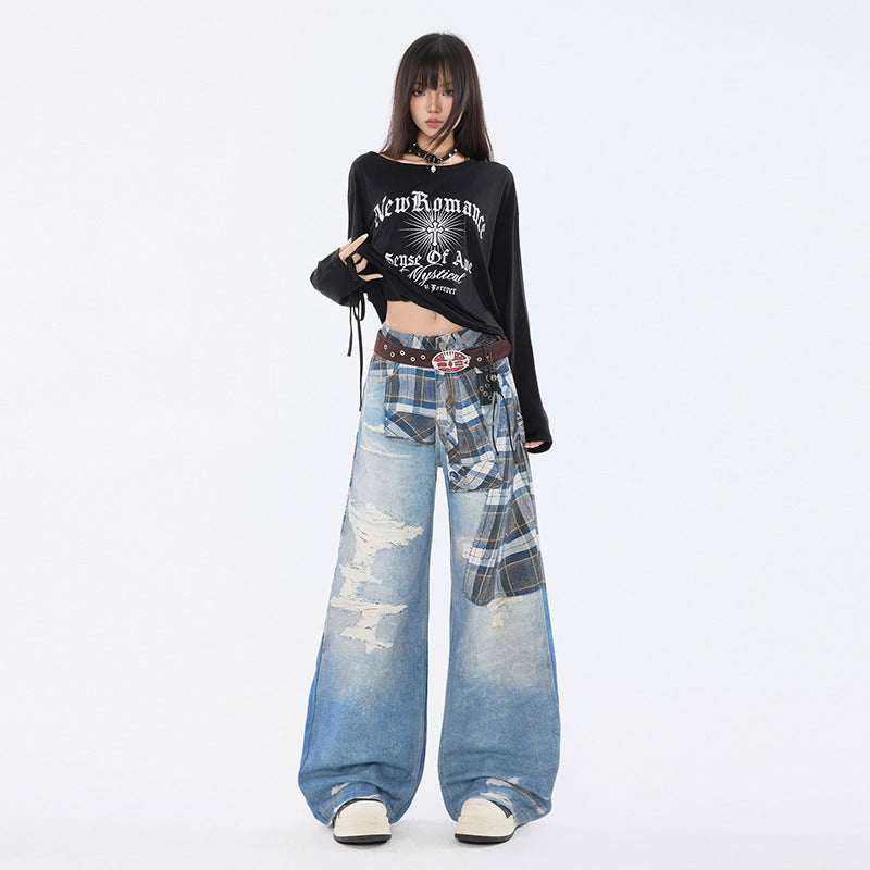 Trendy Women's Belted Printed Denim Straight Leg Trousers