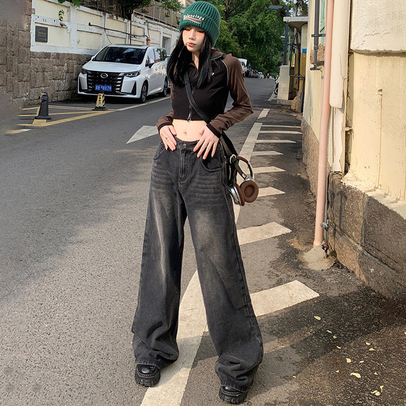 Women's Faded Black and Gray Denim Pants - High-Waisted Loose Wide-Leg Trousers