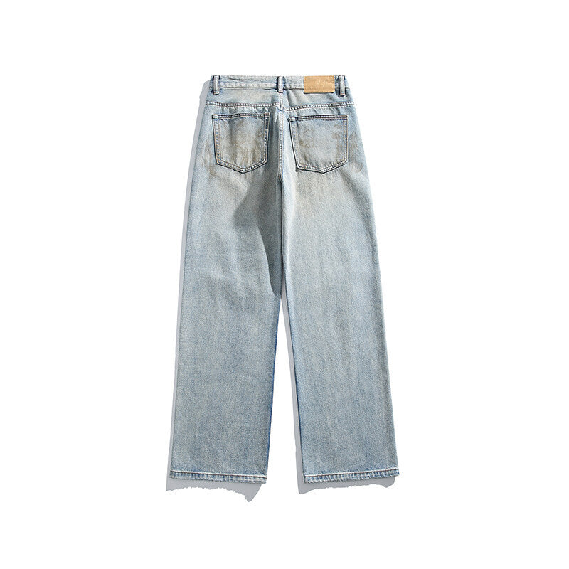 Washed and Worn Knee Hole Loose Jeans for Men