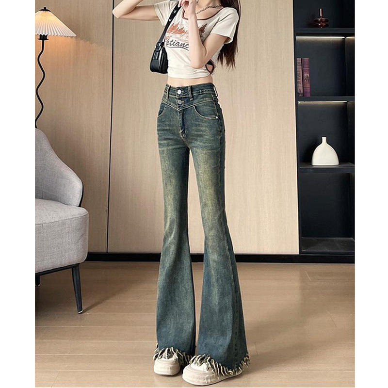 Style Double Button Flared Jeans for Women - High Waist Slimming Frayed Cuff