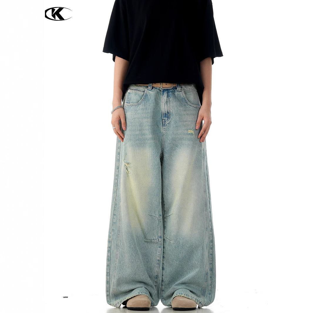 Water-Washed Knife-Cut Holes Slimming 3D Loose Casual Long Pants