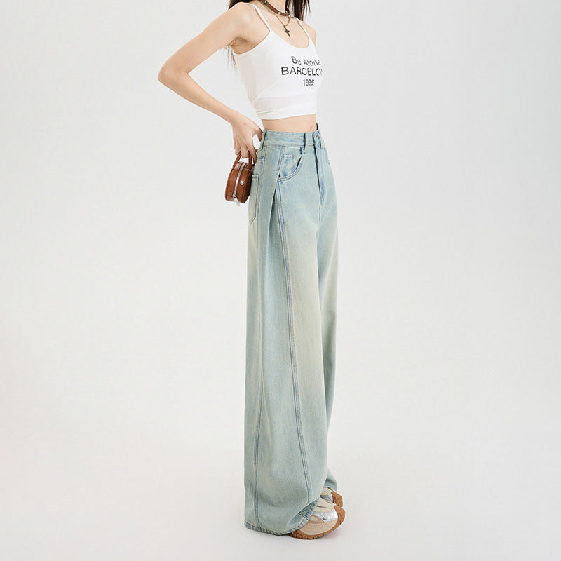Women's Tencel Light-Color Breathable Wide-Leg Jeans with Pleated