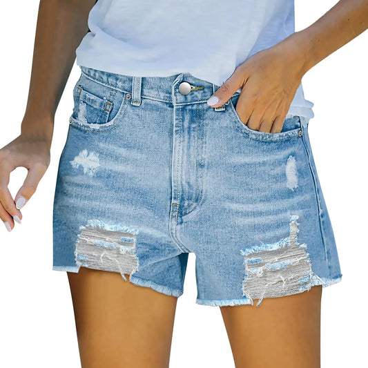 Premium Perforated Elastic Slim Fit Denim Shorts for Women